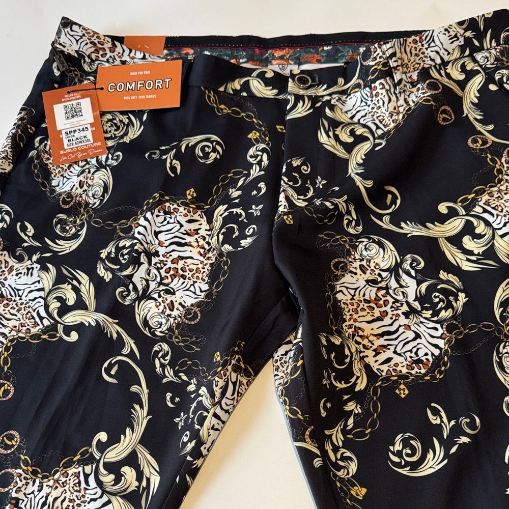 Comfort Men's Black Dress Pants with Gold & Cream Baroque Print